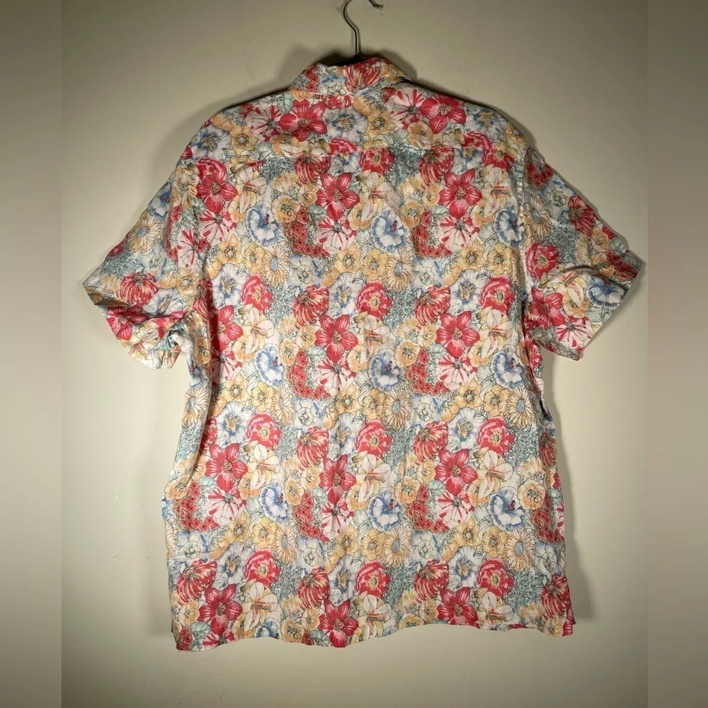 J. Crew Floral Shirt Men's Sz L 100% Linen Camp Collar Button Up Short Sleeve